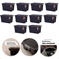 Kit 10 Caixas Contêiner Organizador Multiuso 53 Litros Preto C/ Tampa e Rodas