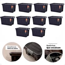 Kit 10 Caixas Organizadoras Grande 53 Lts Com Tampa E Rodas