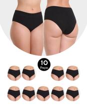 Kit 10 Calcinha Cós Alto Cintura Alta Em Algodão Cotton Silvana Preto