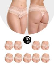 Kit 10 Calcinha Tanga Cós Alto Cintura Alta Fio Dental Em Microfibra E Renda Diana Bege