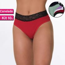 Kit 10 Calcinha Tanga Fio Canelada Cintura Renda Feminino Adulto - Pink Urban