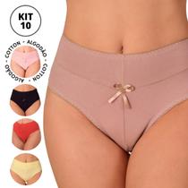 Kit 10 Calcinhas Adulto Senhora Algodão Cotton Cós Alto Duplo Conforto Lingerie Feminina no Atacado