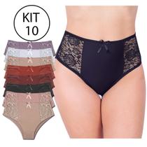 Kit 10 Calcinhas Femininas Plus Size Cintura Alta com Renda nas Laterais Largas Atacado De Fábrica
