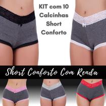 KIT 10 Calcinhas Short Conforto Com Renda e Forro de Algodão Calesson Caleçon Feminina Lisa Tanga Cintura Alta