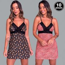 Kit 10 Camisolas Liganete Estampada Detalhe Renda Feminina Kit 10 Camisolas Liganete Estampada Detalhe Renda Feminina