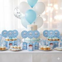 Kit 10 Centro de Mesa Decoração Tema Anjinho Menino Batizado Azul