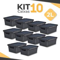 Kit 10 Cesto Caixa Organizadora Jutta 2 Litros Preta C/ Tampa que Encaixa de Plástico - Arqplast