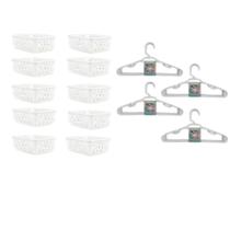 Kit 10 Cesto Organizador Branco 16x12x6cm + 20 Cabide Plastico Branco Infantil Bebe