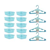 Kit 10 Cesto Plastico Organizador Multiuso Azul + 20 Cabide Reforçado Infantil Bebe