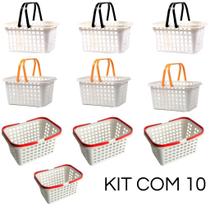 Kit 10 Cestos Multiuso Branco Com Alças 24x18x12cm Médio Reforçado Organizador