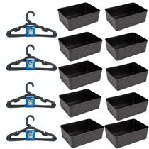 Kit 10 Cestos Multiuso Decorativo e 20 Cabides Infantis Preto