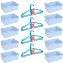 Kit 10 Cestos Multiuso e 20 Cabides Infantil Reforçado Azul