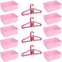 Kit 10 Cestos Multiuso E 20 Cabides Infantil Reforçado Rosa