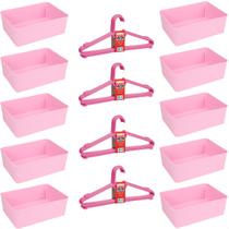 Kit 10 Cestos Multiuso e 20 Cabides Infantil Reforçado Rosa
