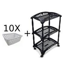 Kit 10 Cestos Multiuso P Branco + Fruteira Tripla Preta