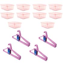 Kit 10 Cestos Organizador Médio 20x15,5x6,5 + 20Cabides Rosa