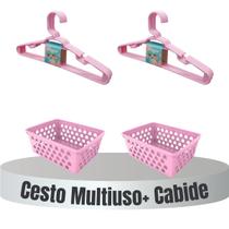 Kit 10 Cestos Organizador Multiuso Empilhável + 20 Cabides infantis Rosa