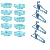 Kit 10 Cestos Organizador Pequeno 16x12x6Cm + 20 Cabides Azul