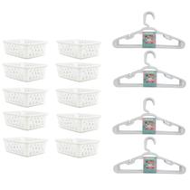 Kit 10 Cestos Organizador Pequeno 16x12x6Cm Branco + 20 Cabides Branco Infantil