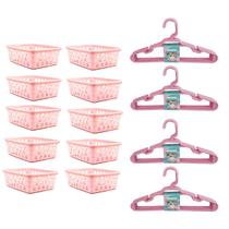 Kit 10 Cestos Organizador Pequeno 16x12x6Cm Rosa + 20 Cabides Infantil Rosa