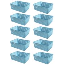 Kit 10 Cestos Organizadores Azul Multiuso Médio Empilhável Gaveta Armário Lavanderia 19x14x6,5