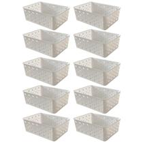 Kit 10 Cestos Organizadores Branco Multiuso Médio Empilhável Gaveta Armário Lavanderia 19x14x6,5