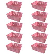 Kit 10 Cestos Organizadores Rosa Multiuso Médio Empilhável Gaveta Armário Lavanderia 19x14x6,5