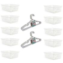 Kit 10 Cestos P 16x12x6Cm e 10 Cabides Infantis Branco Kit 10 Cestos P 16x12x6Cm e 10 Cabides Infantis Branco
