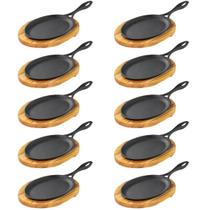 kit 10 Chapas Frigideira Mix Grill Oval Ferro Fundido com Tábua de Madeira