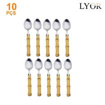 Kit 10 Colheres para Sobremesa com cabo Plástico Bambu Natural Talheres Aço Inox Lyor - 7387