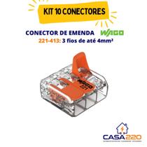 Kit 10 conectores de emenda 3 fios 221-413 4mm² WAGO