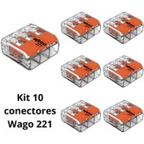 Kit 10 Conectores de Emenda Wago Transparente 3 Portas 0,5 a 6mm Instalação Elétrica Segura