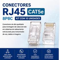 Kit 10 Conectores RJ45 Cat5e 8P8C Plug Ethernet para Cabo de Rede LAN Kit 10 Conectores RJ45 Cat5e 8P8C Plug Ethernet para Cabo de Rede LAN