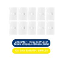 Kit 10 Conjunto 1 Tecla Interruptor Simples 10A 250V Embutir Sleek Margirius Branco Brilho