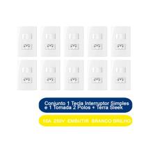 Kit 10 Conjunto 1 Tecla Interruptor Simples e 1 Tomada 2 Polos + Terra 10A 250V Embutir Sleek