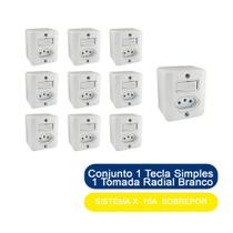 Kit 10 Conjunto 1 Tecla Simples 1 Tomada 10A Sobrepor Sistema X Radial Branco Completo