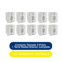 Kit 10 Conjunto Tomada 2 Polos + Terra 10A Sobrepor Sistema X Radial Branco Completo