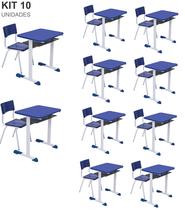 Kit 10 Conjuntos Escolar Individual Juvenil/Adulto com porta Livros cor Azul