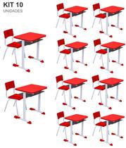 Kit 10 Conjuntos Escolar Individual Juvenil/Adulto com porta Livros cor Vermelho