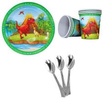 Kit 10 Convidados Pratos Copos Papel Colher 14Cm Dinossauro
