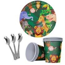 KIT 10 Convidados Pratos Copos Papel Colher 14cm Safari Zoologico Festa