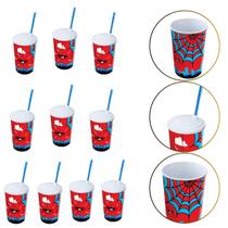 Kit 10 Copo de Plástico 550 ML Herói Homem Aranha Com Canudo