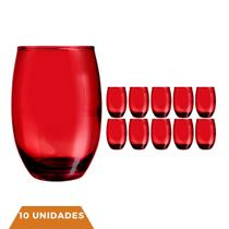 Kit 10 Copo de Vidro Vermelho Redondo Drinks e Sucos 450ml