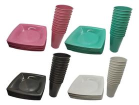 Kit 10 Copos 230Ml + 10 Pratos Quadrados Fundos De Plástico