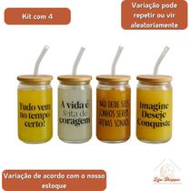 Kit 10 Copos de Café com Tampa de Bambú C/ Canudo de Vidro 470ml Frases Motivacionais Copo de vidro Multiuso