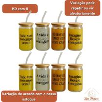 Kit 10 Copos de Café com Tampa de Bambú C/ Canudo de Vidro 470ml Frases Motivacionais Copo de vidro Multiuso