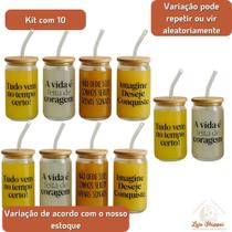 Kit 10 Copos de Café com Tampa de Bambú C/ Canudo de Vidro 470ml Frases Motivacionais Copo de vidro Multiuso Kit 10 Copos de Café com Tampa de Bambú C/ Canudo de Vidro 470ml Frases Motivacionais Copo de vidro Multiuso