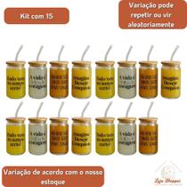 Kit 10 Copos de Café com Tampa de Bambú C/ Canudo de Vidro 470ml Frases Motivacionais Copo de vidro Multiuso