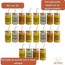 Kit 10 Copos de Café com Tampa de Bambú C/ Canudo de Vidro 470ml Frases Motivacionais Copo de vidro Multiuso