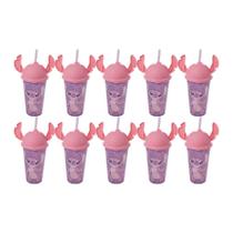 Kit 10 Copos Stitch e Angel 500ml Com Tampa Ludica Canudo Orelhinha para Refri Bpa Free Disney Lembrancinha Festa